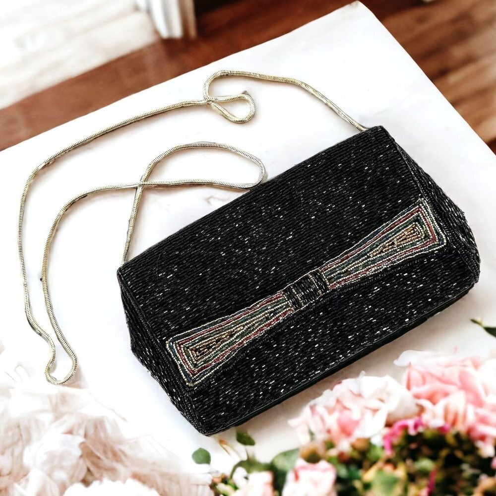 Vintage 90's La Regale Black Beaded Bow Evening Shoulder Bag Handbag